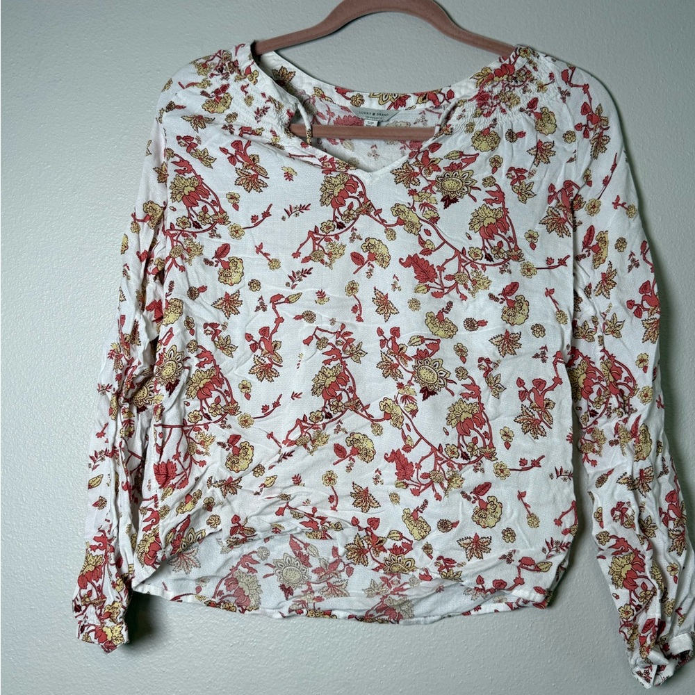 Lucky Brand White Long-Sleeve V-Neck Blouse with Ponk & Gold Floral Print
